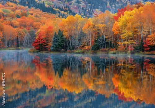 A serene lake reflecting the brilliant fall colors of surrounding trees