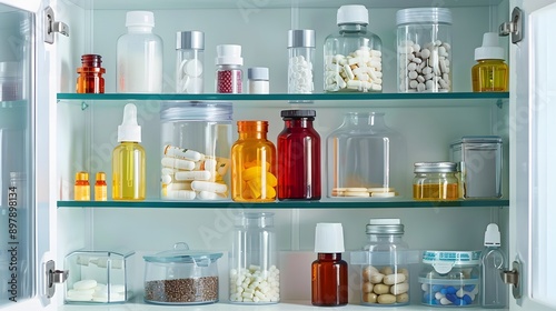 Medicine Cabinet Filled with Various Pills and Bottles