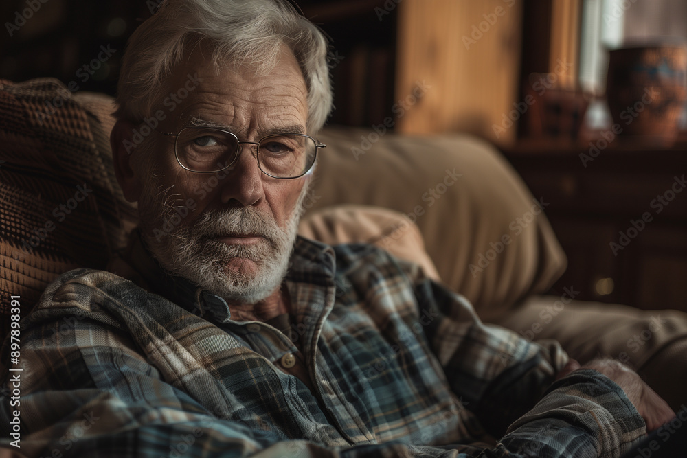 A meaningful portrayal of an elderly man sitting alone on a sofa, illustrating the palpable sense of loneliness and the weight of depression in old age. A meaningful portrayal of an elderly man sitting alone on a sofa, illustrating the palpable sense of loneliness and the weight of depression in old age.