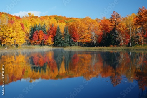 A serene lake reflecting the brilliant fall colors of surrounding trees