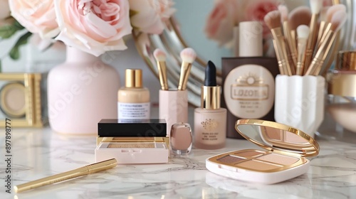 Closeup of luxurious morning beauty routine, goldtoned cosmetics on a marble vanity, high realism, soft morning light, elegant and glamorous aesthetic photo