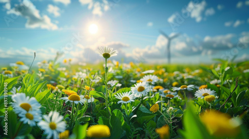 Field of wildflowers under bright sunshine with a wind turbine in the background, symbolizing renewable energy and natural beauty.