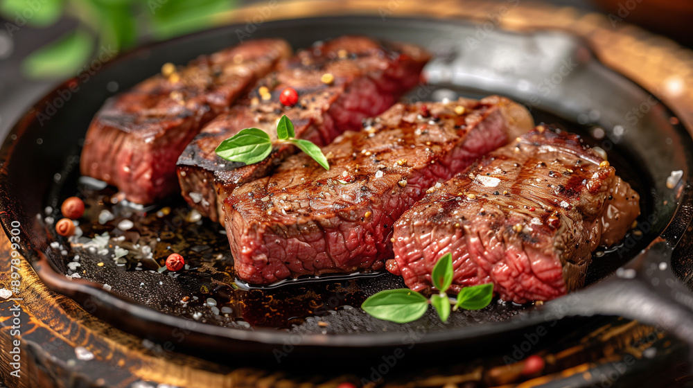 Entrecote beef steak cooked to medium rare in a cast iron pan with salt and pepper Entrecote beef steak cooked to medium rare in a cast iron pan with salt and pepper
