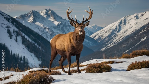 Mountain Wildlife. Deer, mountain goats, and eagles in a mountainous setting with snow-capped peaks and dense forests. Discover the wonder of mountain wildlife encounters.