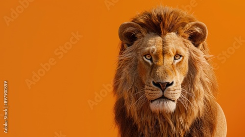 Lion looking into the camera on orange background with copy space. African wild animal in savannah. Wildlife concept