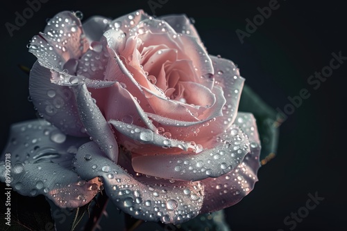 Fototapeta Naklejka Na Ścianę i Meble -  Pink rose with drops of water on black background close-up image. Beautiful flower in bloom