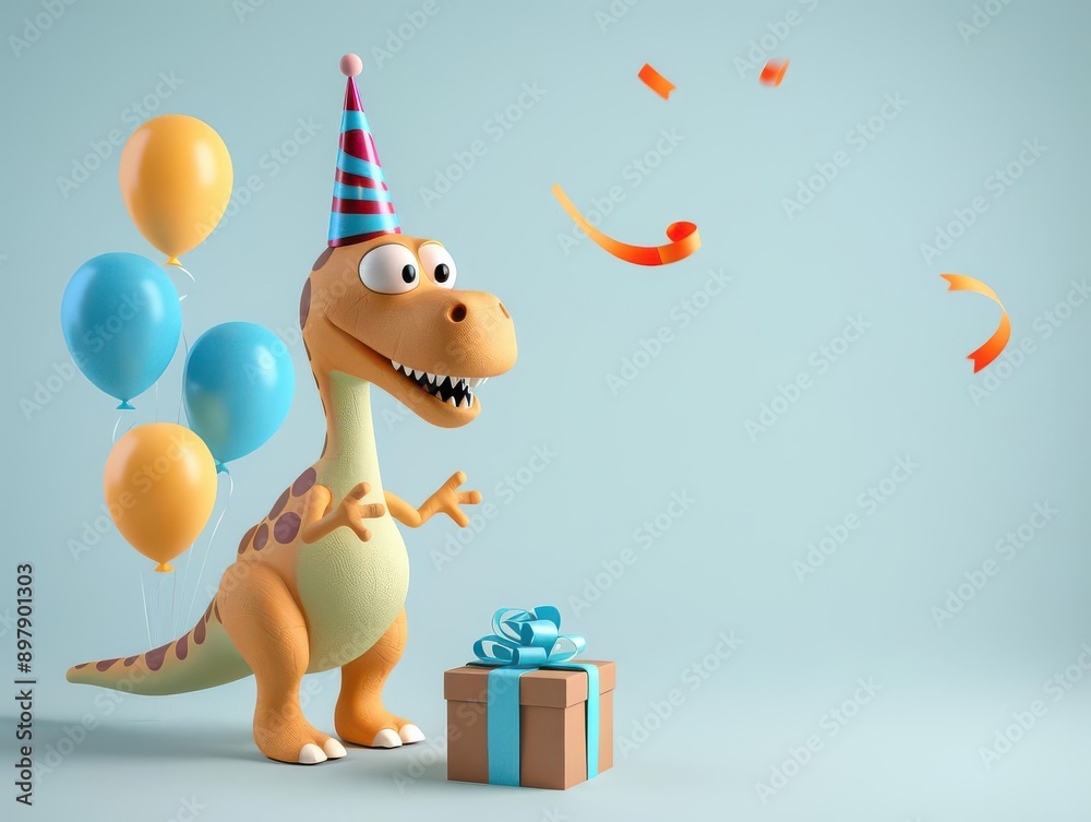 Obraz premium Adorable dinosaur character with a birthday hat and a wrapped gift, balloons floating nearby, on a pale blue backdrop, cheerful and celebratory scene