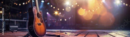 Acoustic guitar on a stand, spotlights shining, empty stage before a concert, intimate and expectant photo