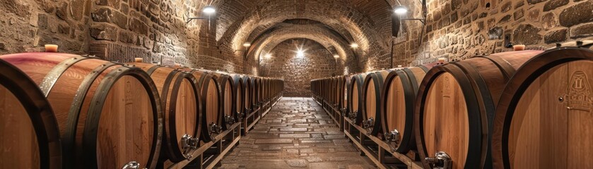Papier peint photo  Atmospheric wine cellar with rows of wooden barrels, stone walls, and soft lighting creating a cozy and historic ambiance, emphasizing tradition and craftsmanship in winemaking  © Mnt