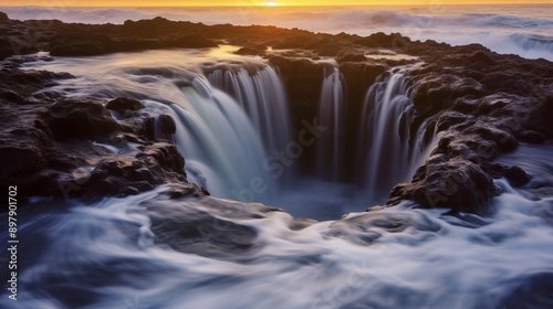 A captivating photograph of the mysterious Thor's well captures an image during sunrise, showcasing its unique structure with water cascading down from above and below into it.