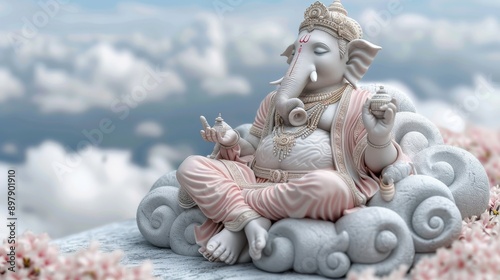 Serene and Intricate Portrait of Ganesha Reclining on a Dreamy Cloud