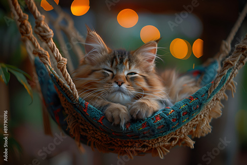  A relaxed cat napping in a hammock with closed eyes
 photo