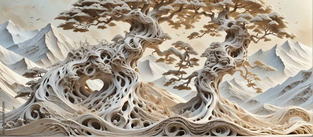 Sculpture tree mountain landscape background is intricately carv Sculpture tree mountain landscape background is intricately carv