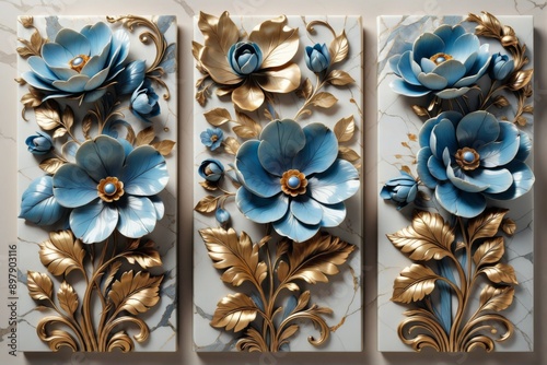 Set three square panels floral design are made light-colored mat