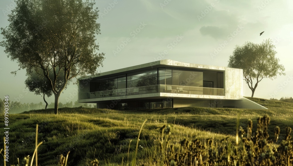 modern house on the hill with trees and grass modern house on the hill with trees and grass