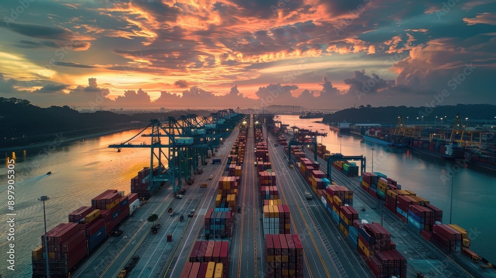 Cargo Containers at Sunset in a Busy Harbor Cargo Containers at Sunset in a Busy Harbor