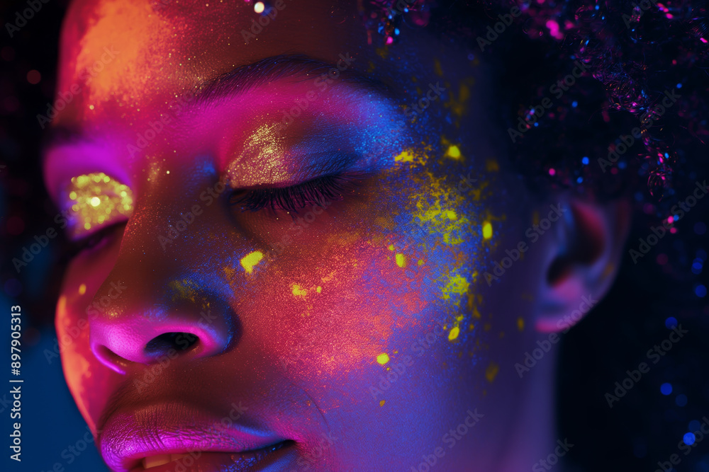 Close Up of Woman with Neon Glitter Face Paint in Low Light Artistic Close Up of Woman with Neon Glitter Face Paint in Low Light Artistic