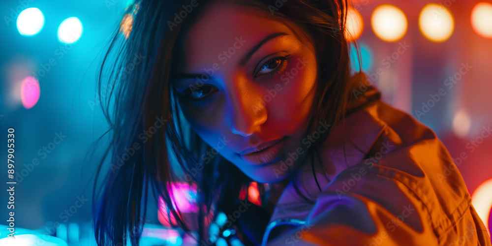 Close up Portrait of Young Woman in Vibrant Neon Lights at Night Party Close up Portrait of Young Woman in Vibrant Neon Lights at Night Party