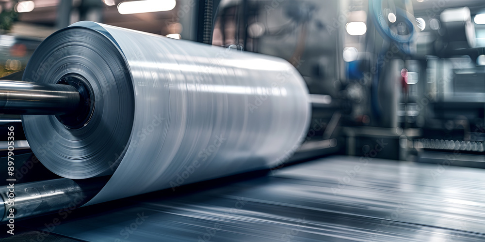 close shot of the printing press, with an oversized roll of paper moving across it, generative AI close shot of the printing press, with an oversized roll of paper moving across it, generative AI