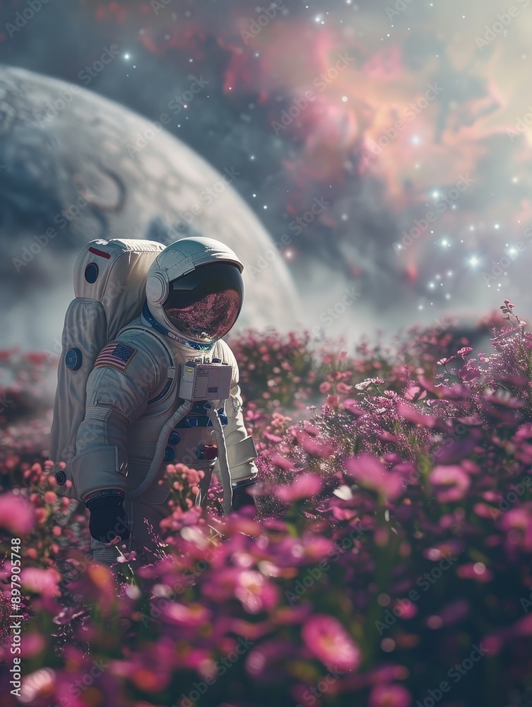 Astronaut in a Field of Flowers on a Distant Planet Astronaut in a Field of Flowers on a Distant Planet
