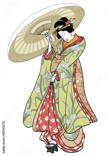 番傘をさす花魁