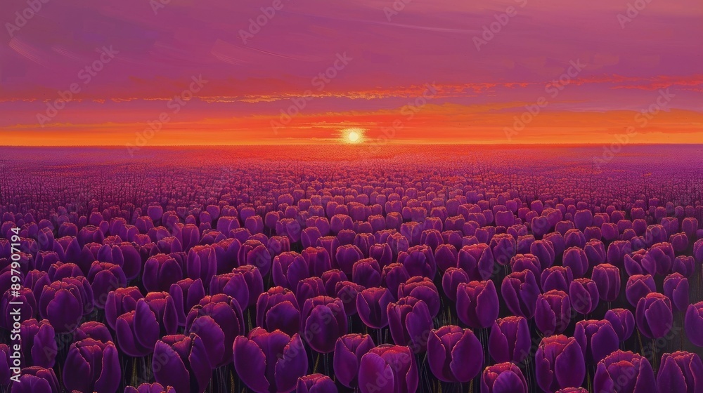 Obraz premium A field of purple flowers with a sun in the sky