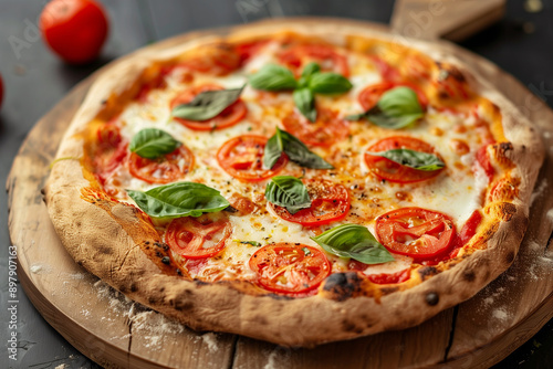 pizza with tomatoes and basil on top. The pizza is on a wooden board. The pizza is ready to be eaten