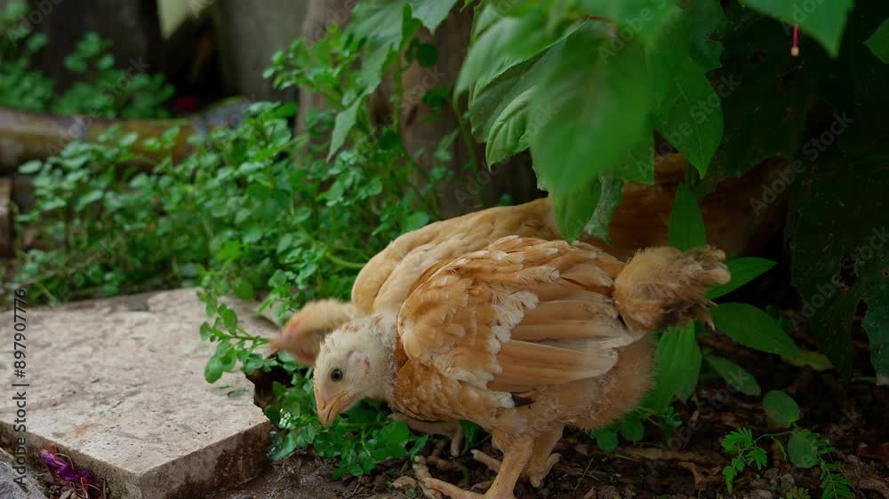 chicks freely eating some green leaves and little flies flying around them chicks freely eating some green leaves and little flies flying around them