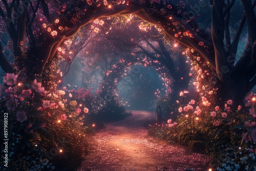 Fototapeta Naklejka Na Ścianę i Meble -  enchanted fairy tale garden at twilight blossomcovered trees forming magical archway fireflies and glowing flowers ethereal mist circular frame composition