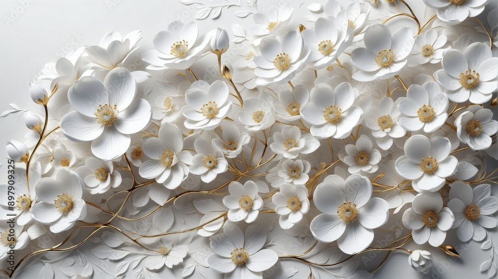 Digital art piece that features group white flowers gold accents Digital art piece that features group white flowers gold accents