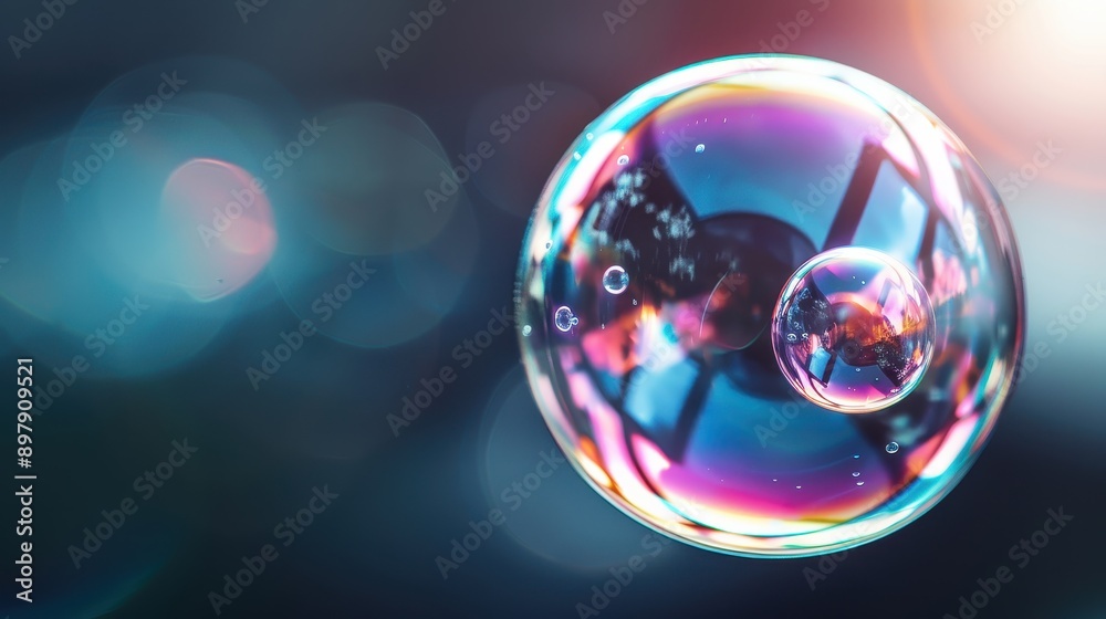 Close-up of a colorful, iridescent soap bubble with bokeh background and sunlight reflections, depicting delicate beauty and light. Close-up of a colorful, iridescent soap bubble with bokeh background and sunlight reflections, depicting delicate beauty and light.