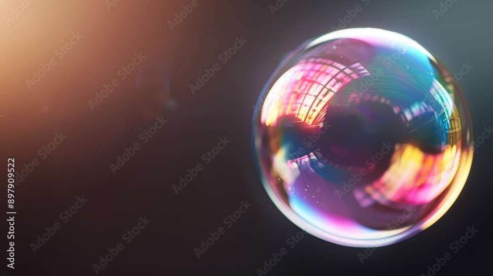 A delicate, colorful soap bubble floating in mid-air, reflecting light and creating a mesmerizing spectacle against a dark background. A delicate, colorful soap bubble floating in mid-air, reflecting light and creating a mesmerizing spectacle against a dark background.