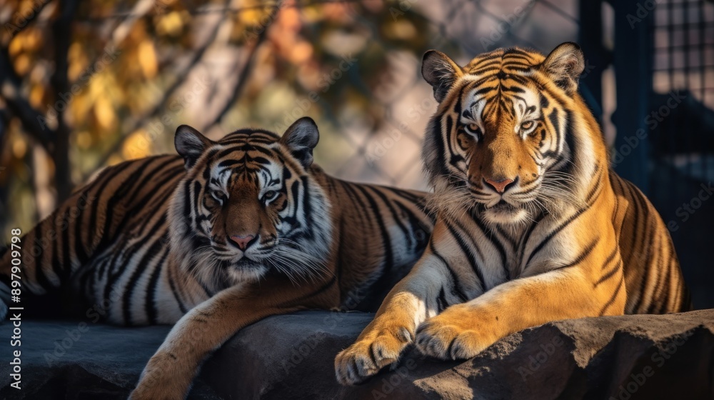 Two Majestic Tigers Resting on a Rock Two Majestic Tigers Resting on a Rock