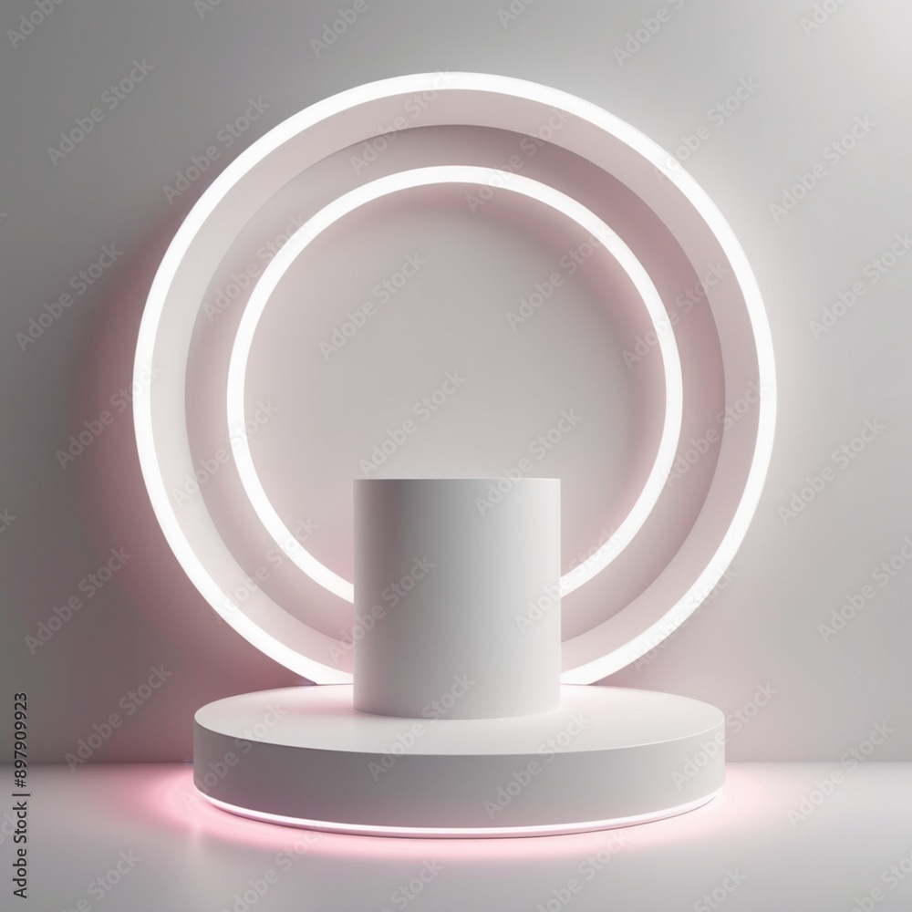 White cylinder podium with light neon circle White cylinder podium with light neon circle