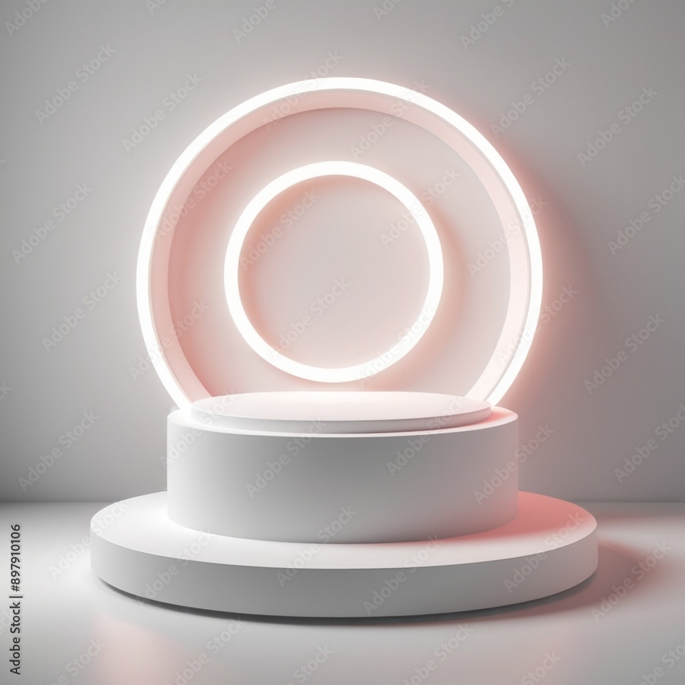 White cylinder podium with light neon circle White cylinder podium with light neon circle