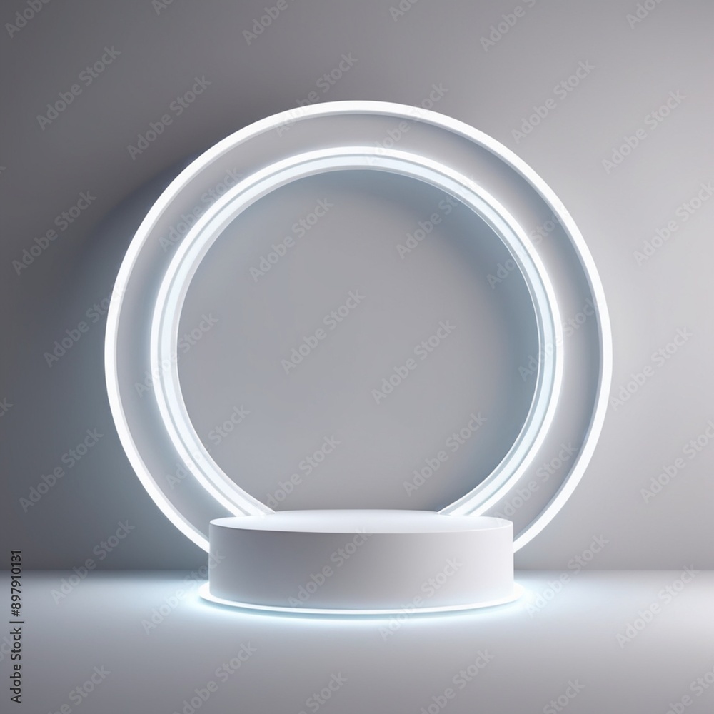 White cylinder podium with light neon circle White cylinder podium with light neon circle