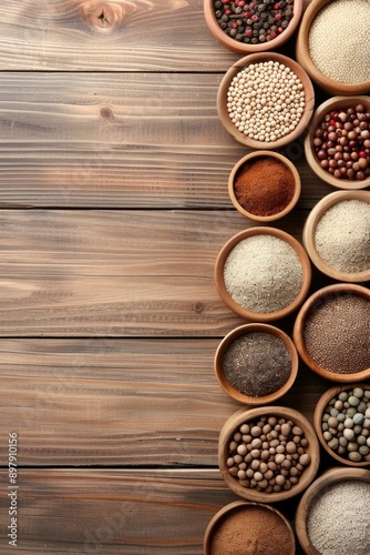 Assortment of Mexican Spices Displayed in Wooden Bowls on Rustic Wooden Table