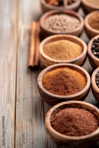 Assortment of Authentic Mexican Spices Displayed in Wooden Bowls on Rustic Table