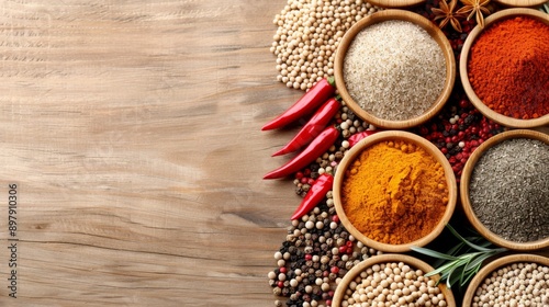 Flavorful Arrangement of Mexican Spices on Wooden Table with Copy Space