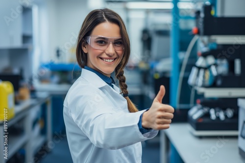 Confident Female Engineer in Uniform Smiling and Giving Thumbs Up in High-Tech Lab