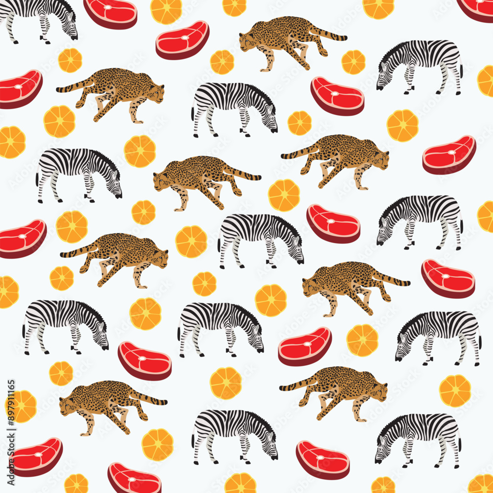 cute cheetah, zebra with meat and fruit as a pattern background cute cheetah, zebra with meat and fruit as a pattern background