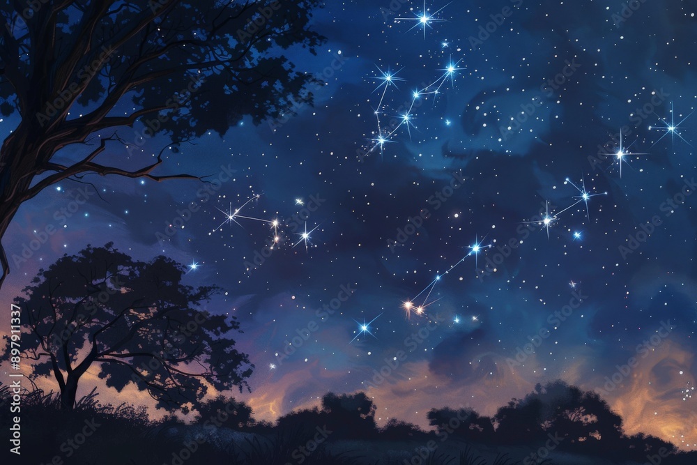 Fototapeta premium Night Sky With Silhouetted Trees and Constellations.