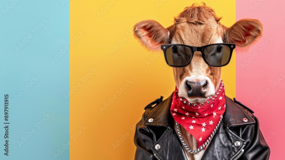 Cool cow dressed in leather jacket, red bandana, and sunglasses against colorful background. Funky and stylish animal concept. Cool cow dressed in leather jacket, red bandana, and sunglasses against colorful background. Funky and stylish animal concept.