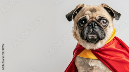 Cute pug dressed as a superhero with a red and yellow cape, perfect for themed pet photoshoots and creative animal content. photo