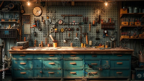 A cinematic photograph of a metalworker's workbench, precisely organized metalworking tools, golden hour sunlight illuminating the scene, intricate details on the tools and metal surfaces,