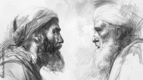 Genesis,Jacob and Laban:Bold Pencil Sketch of Jacob Meeting Laban for First Time, Minimalist Modern Biblical Illustration, Soft Beige Background 