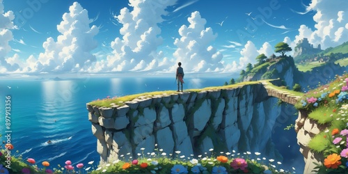 Person standing edge cliff overlooking ocean is covered lush gre