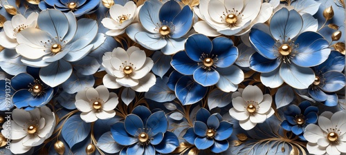 Close-up group blue white flowers gold accents are arranged symm