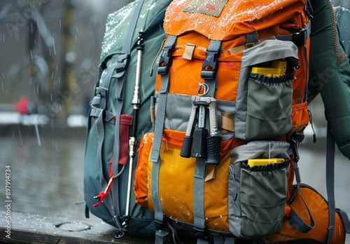 A detailed shot of a hiking backpack with various compartments and camping tools