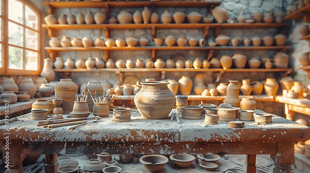 A cinematic photograph of a pottery workbench, perfectly placed pottery tools, golden hour light enhancing details, rich textures of tools and clay, focus on central tools, A cinematic photograph of a pottery workbench, perfectly placed pottery tools, golden hour light enhancing details, rich textures of tools and clay, focus on central tools,